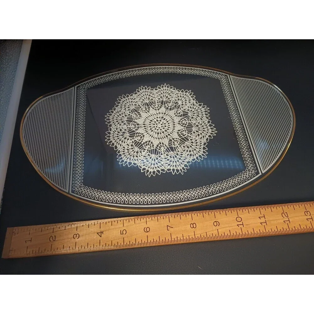 Vintage Glass Vanity Tray Oval White Doily Gold Rim